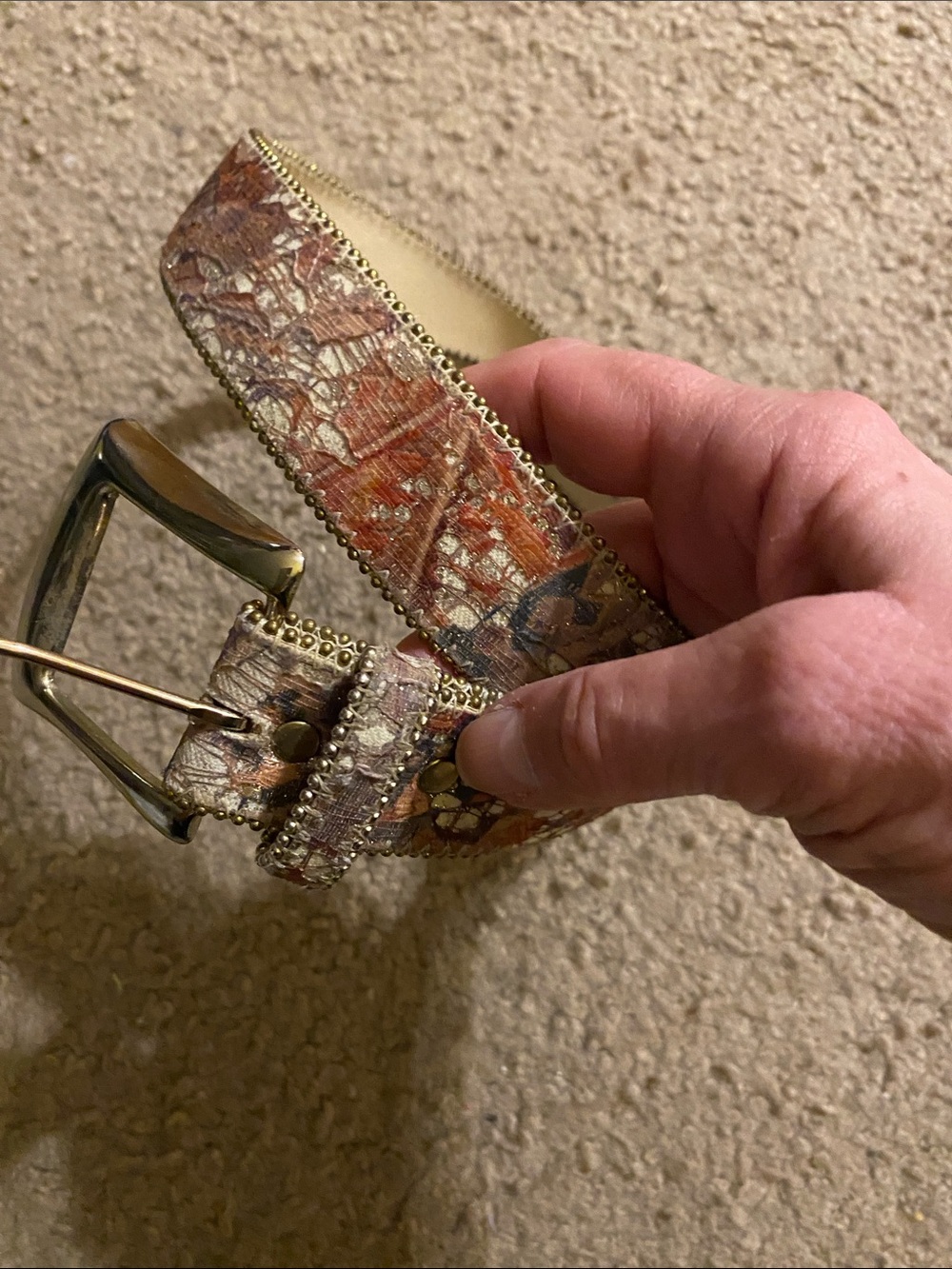 Absolutely Fresh Orange and Gold Metallic Patterned Women's Belt with Stud Trim